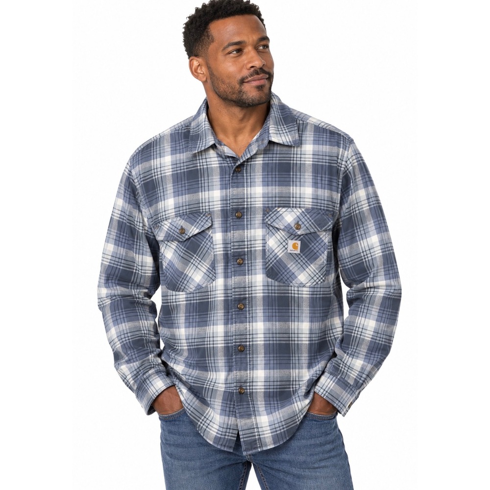 Carhartt Rugged Flex Relaxed Fit Plaid Shirt Blue Gray Mens Size 2XL Workwear